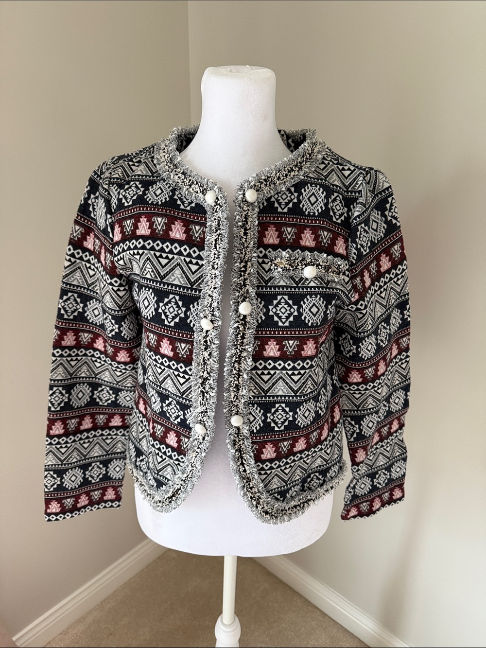 SHEIN Black White and Burgundy Patterned Tweed-Trim Blazer